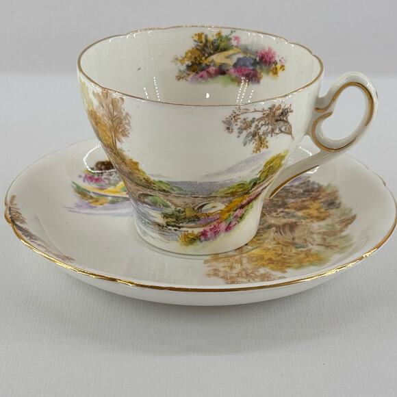 Vintage Tea Cup and Saucer Shelley Fine Bone China England Bridge Stream - Picture 1 of 5